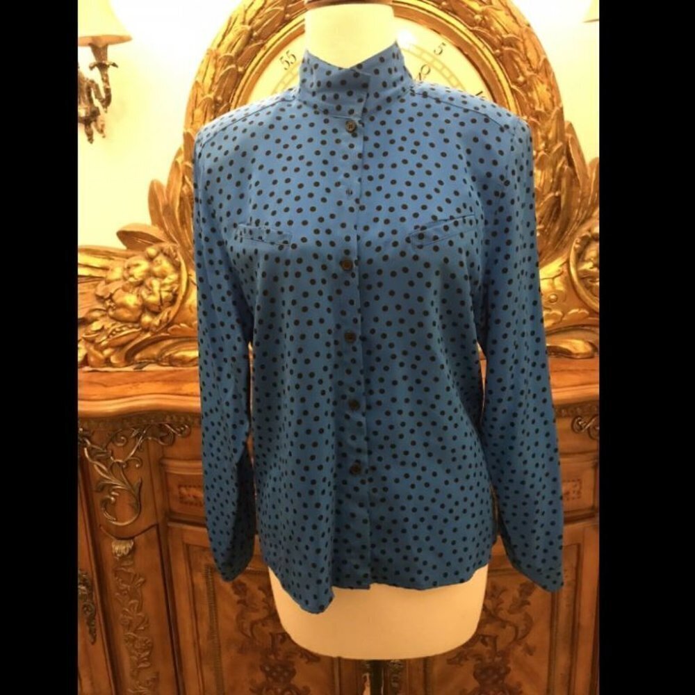 Silk 'Mieka' Polka Dot Silk Blouse.  Blue with Black Size 8.  Long Sleeve. B1